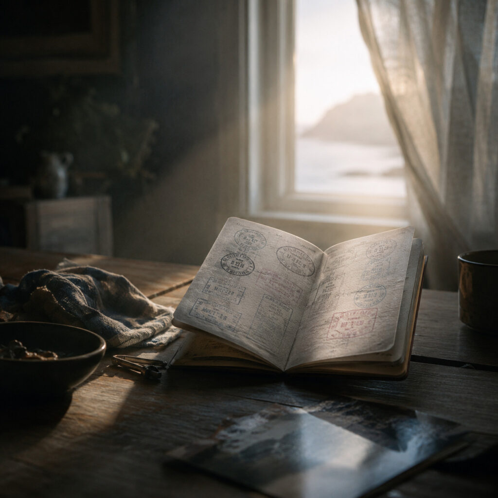 An open passport filled with faded travel stamps rests on a wooden table at home, symbolising Life Path 5 carrying the wider world into an outwardly settled life.
