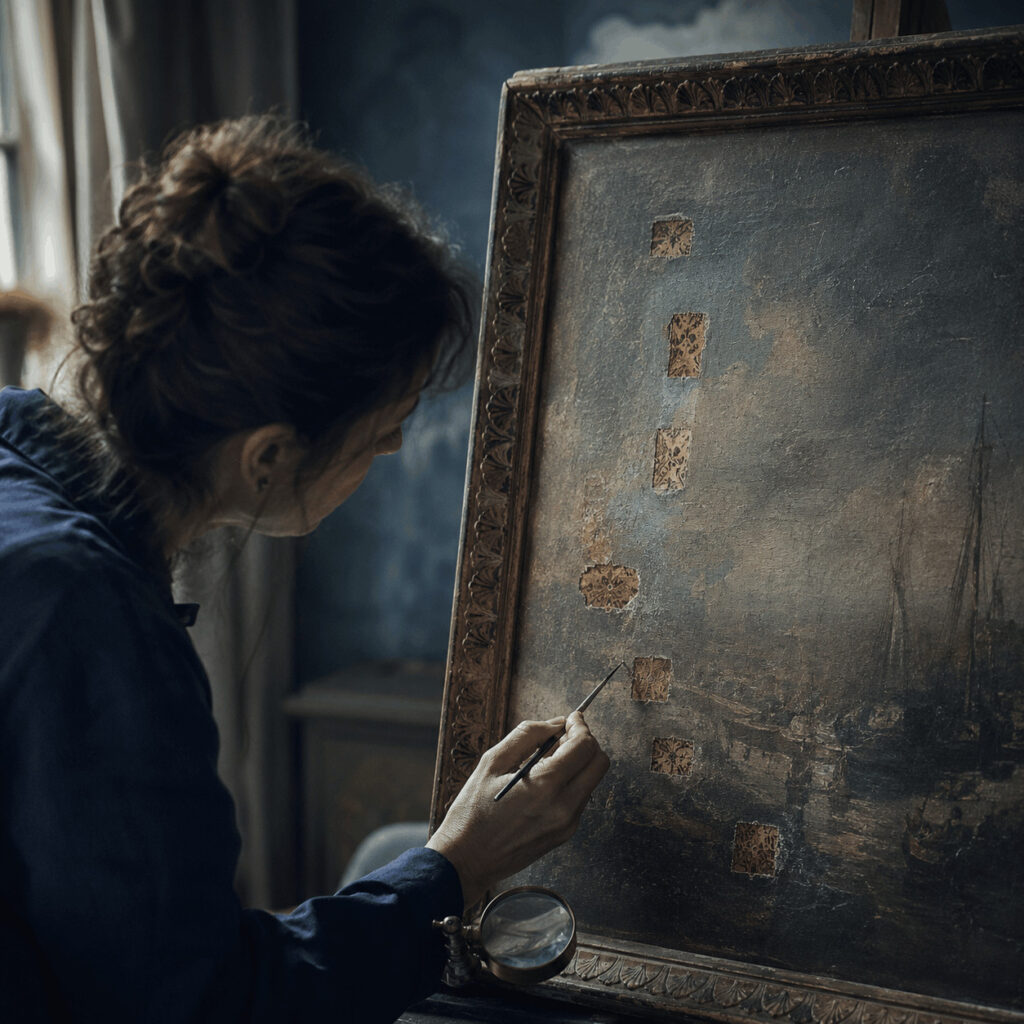 An art conservator reveals hidden layers in an old painting, symbolising Life Path 7’s search beneath appearances for deeper truth.