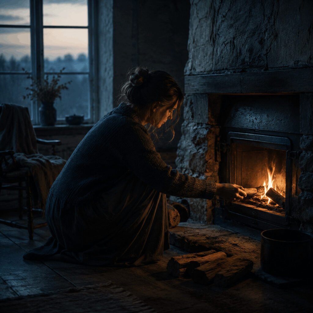 A person kneels beside a stone hearth at dawn, gently tending a small fire in a dim quiet room, symbolising Life Path 4 spiritual meaning through steady practice, embodied devotion and form that holds living presence.