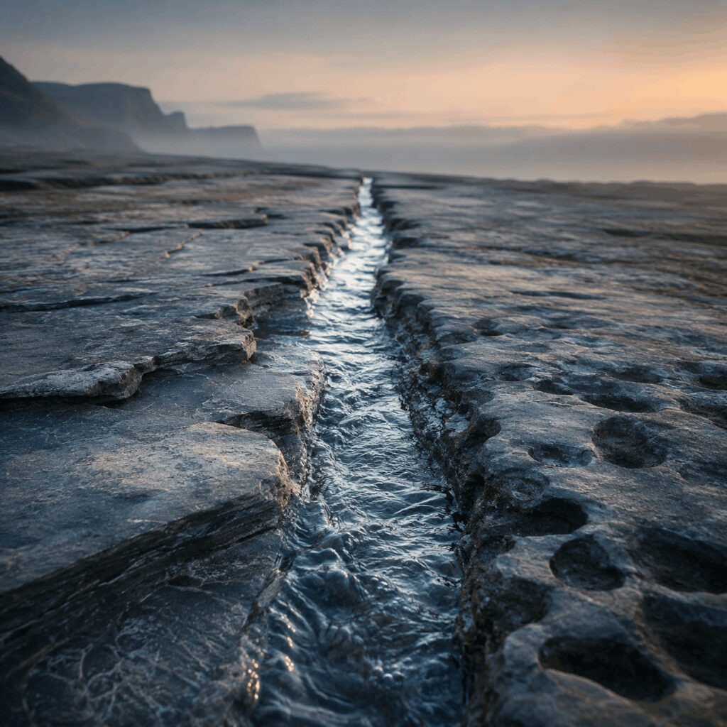 A narrow stream flowing through a channel in dark stone at sunrise, symbolising Life Path 1 giving initiative a clear and purposeful direction.