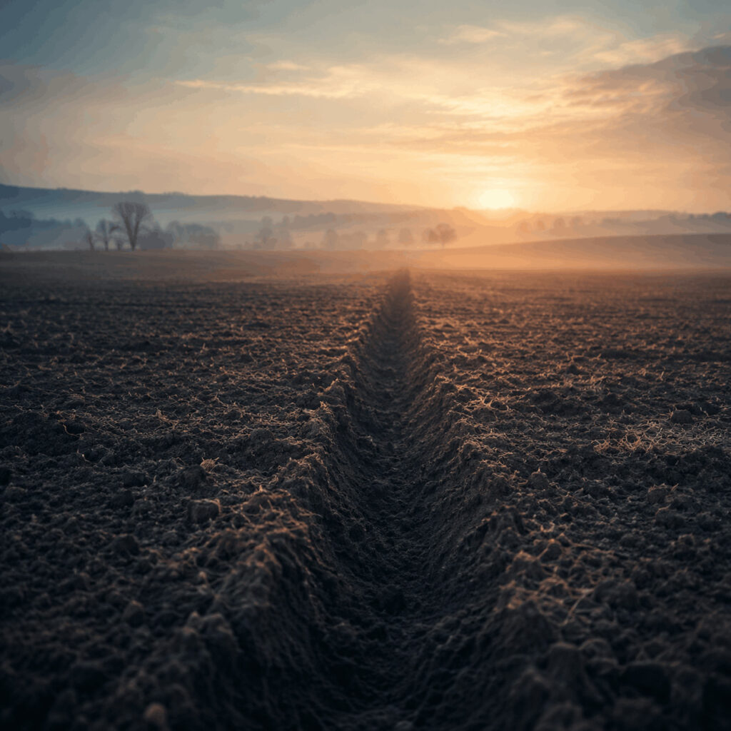 A single furrow cut through an open field toward the sunrise, symbolising Life Path 1 making a clear beginning without needing to control the whole path.