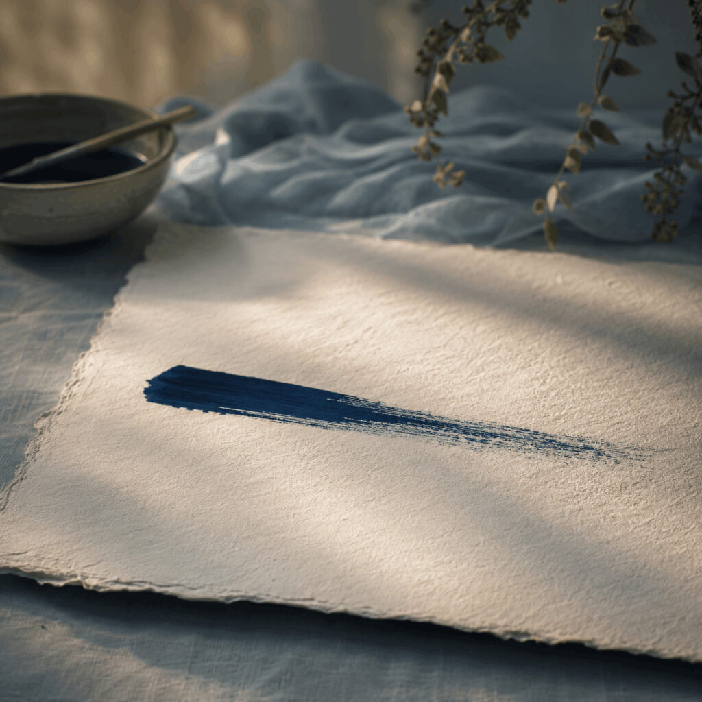 A single deep-blue brushstroke on handmade paper in soft morning light, symbolising the courage to begin before perfection arrives.