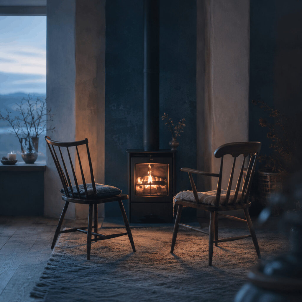 Two wooden chairs facing a glowing hearth at dusk, symbolising Life Path 1 learning to preserve individuality while making room for intimacy.