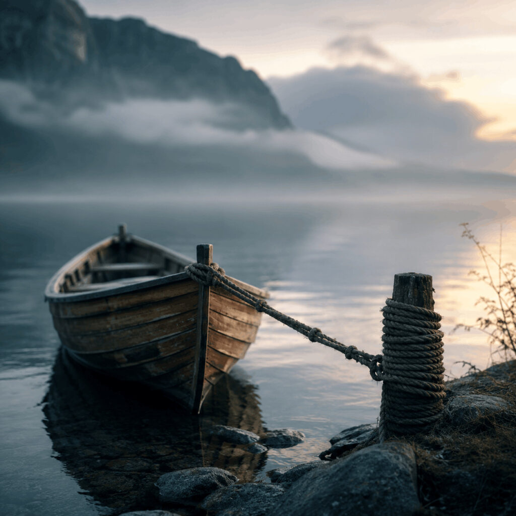 A small wooden boat tied tightly to a lakeside post at dawn, symbolising Life Path 1’s fear that loosening control may lead to loss or abandonment.