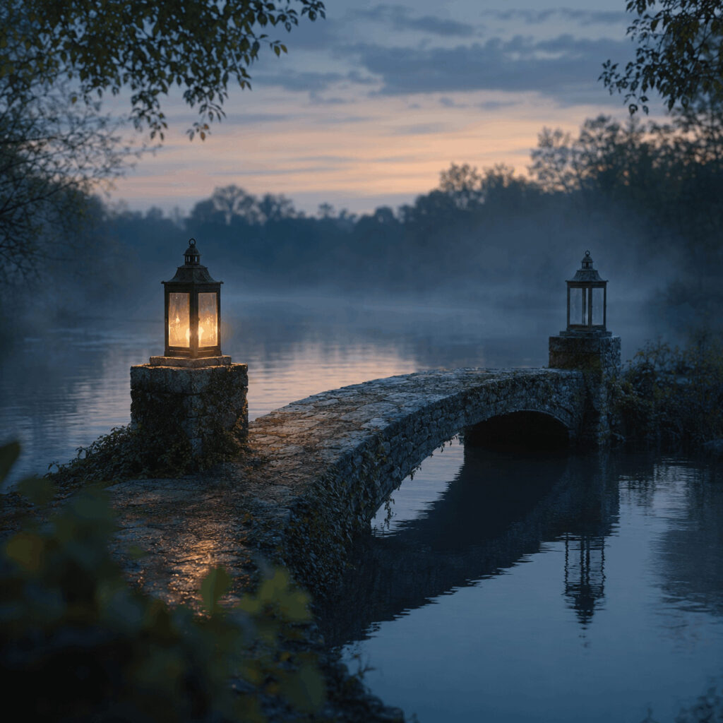 A misty stone bridge with one lantern glowing and the other dark at twilight, symbolising Life Path 2’s tendency to preserve connection while allowing its own light to fade.