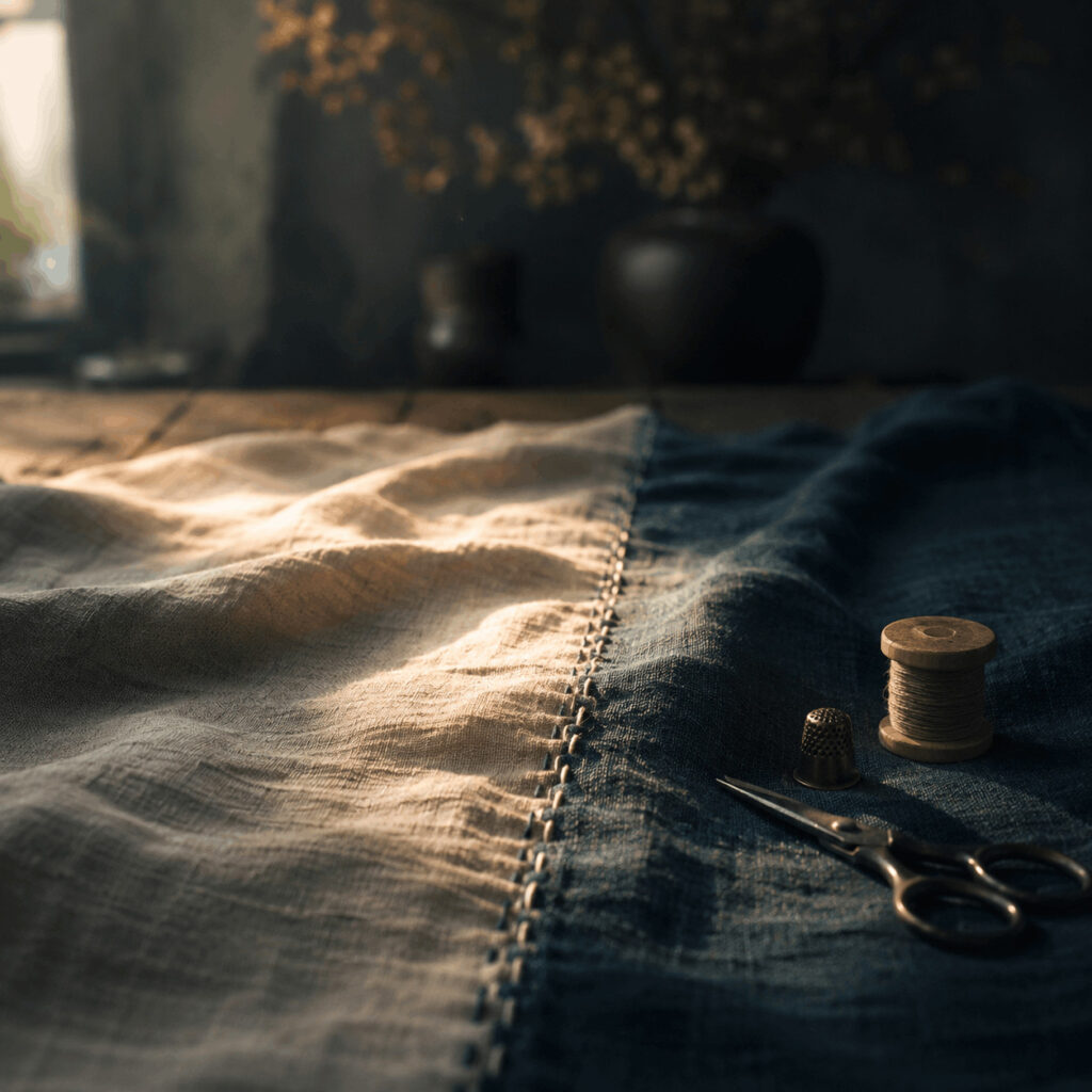Two contrasting fabrics joined by a hand-stitched seam on a softly lit worktable, symbolising Life Path 2’s gift for bringing different people and perspectives into meaningful connection.