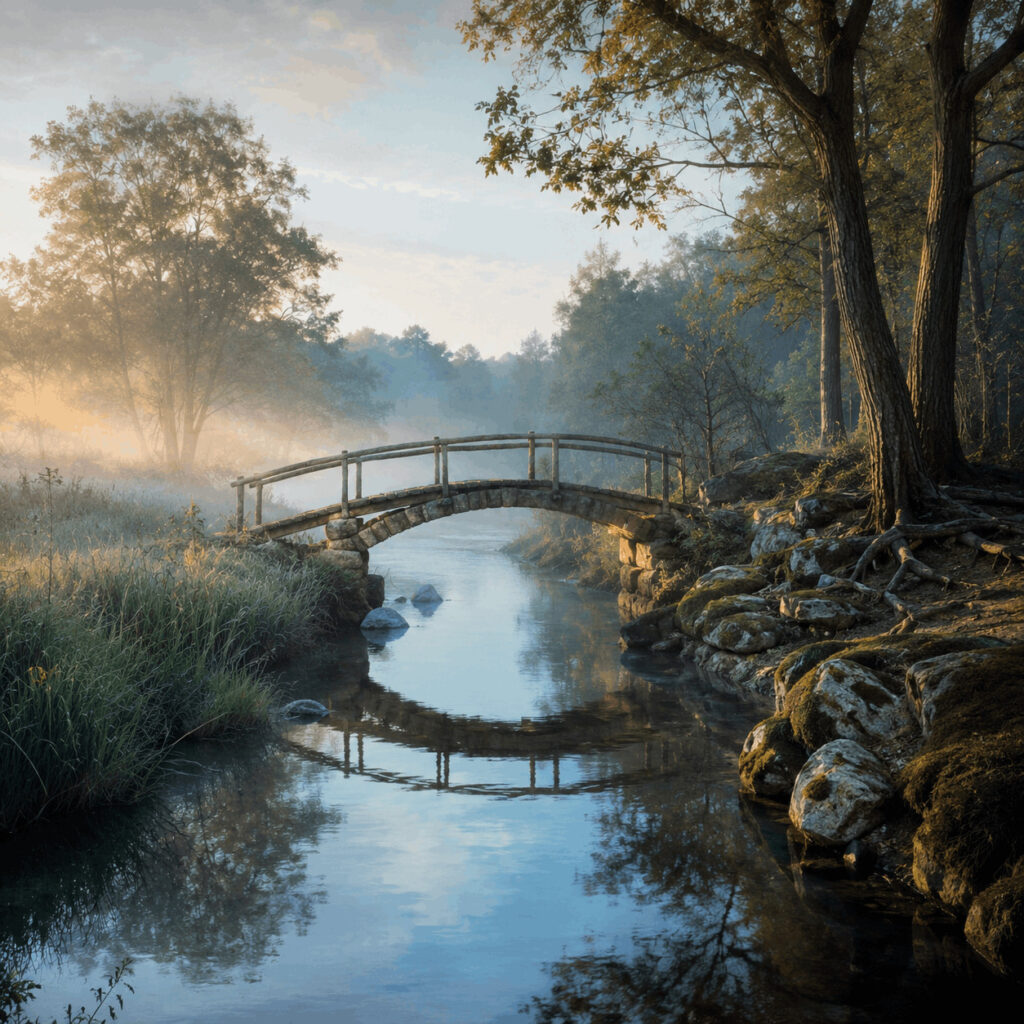 A misty footbridge at dawn arches over still water between two distinct shores, symbolising Life Path 2’s wisdom that real connection depends on both sides remaining fully present.