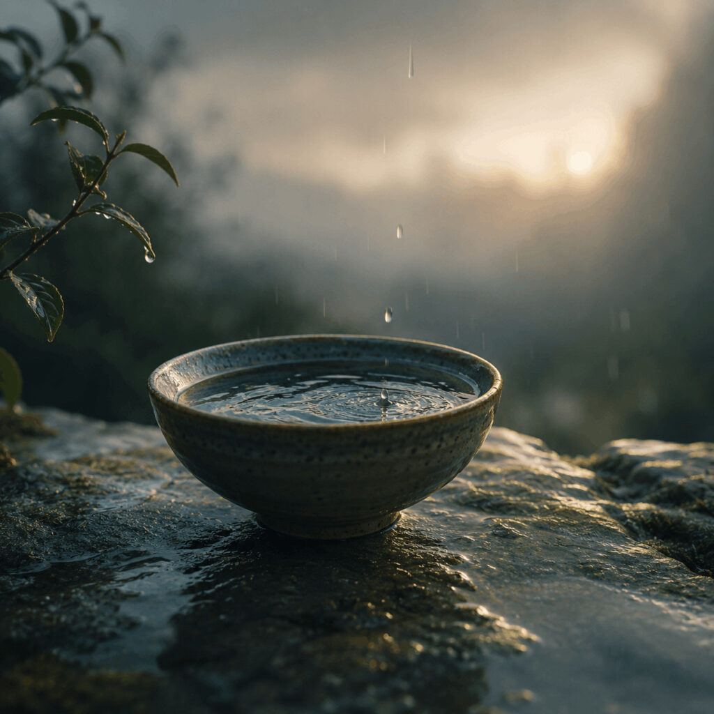 A rain-filled ceramic bowl rests on wet stone in soft morning light, symbolising Life Path 2’s receptive spirituality: open enough to receive, yet shaped enough to discern what should be held and what should pass.