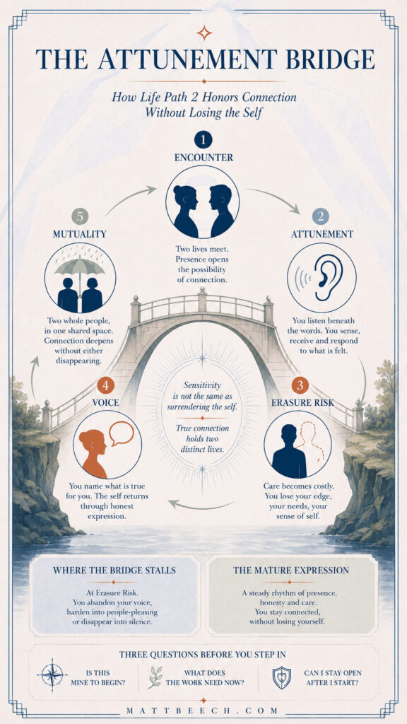 Vertical infographic titled “The Attunement Bridge,” showing five Life Path 2 stages—Encounter, Attunement, Erasure Risk, Voice and Mutuality—arranged around a stone bridge, symbolising connection that deepens without either person losing their own voice or sense of self.