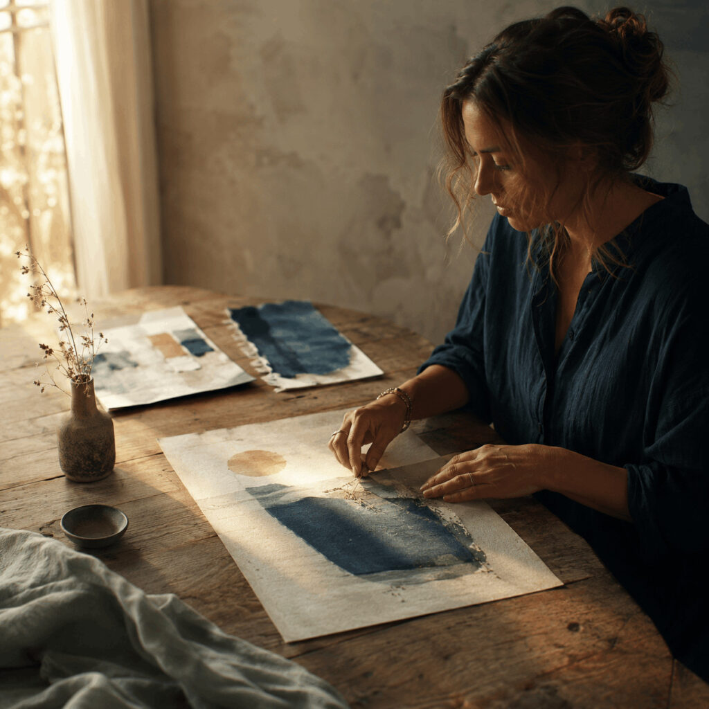 Woman refining a finished visual piece at a sunlit wooden table while two earlier ideas rest nearby, symbolising the Life Path 3 task of carrying inspiration through to completed work.