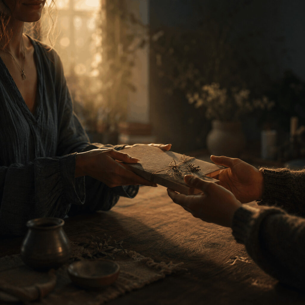 Two people exchanging a handmade book across a sunlit wooden table, symbolising the Life Path 3 journey of giving a private idea finished form and releasing it gently into the world.