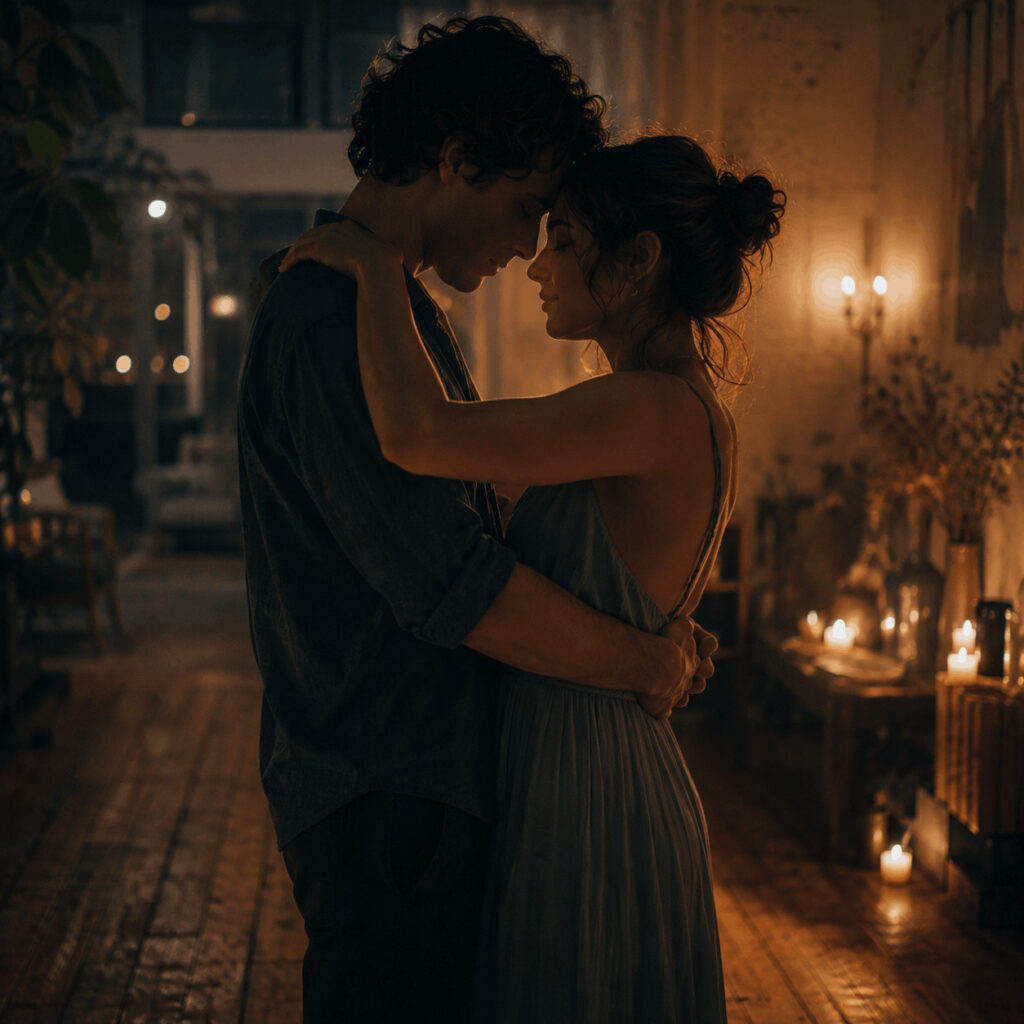Couple holding each other after a slow dance in a softly lit room, symbolising how Life Path 3 love deepens when playfulness gives way to stillness, vulnerability and emotional truth.
