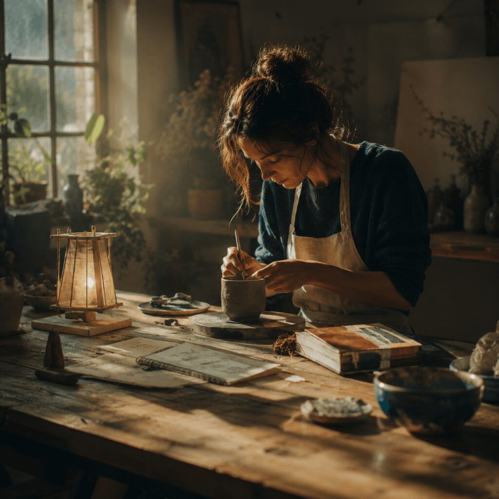 Woman concentrating on a clay vessel at a sunlit wooden worktable surrounded by several unfinished creative projects, symbolising the Life Path 3 challenge of choosing which idea will receive sustained time and attention.