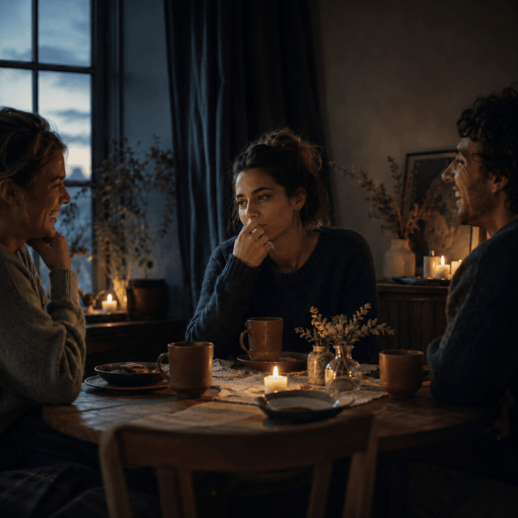 Three people gathered around a candlelit table, with two laughing while the third looks withdrawn and pensive, symbolising the Life Path 3 shadow of using humour to ease the room while hiding what is really felt.