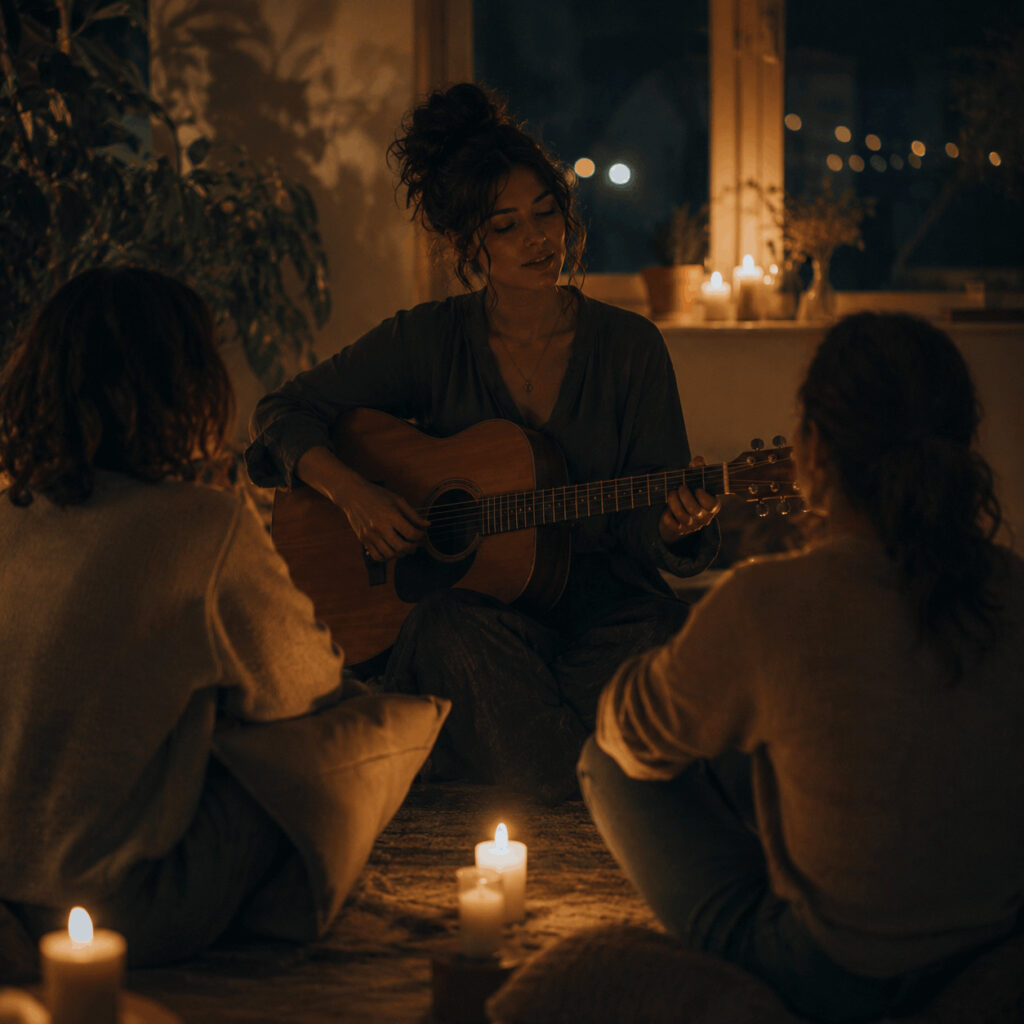 Woman playing an acoustic guitar for two attentive listeners in a softly candlelit room, symbolising Life Path 3’s spiritual invitation to let creativity become an offering shared with others.