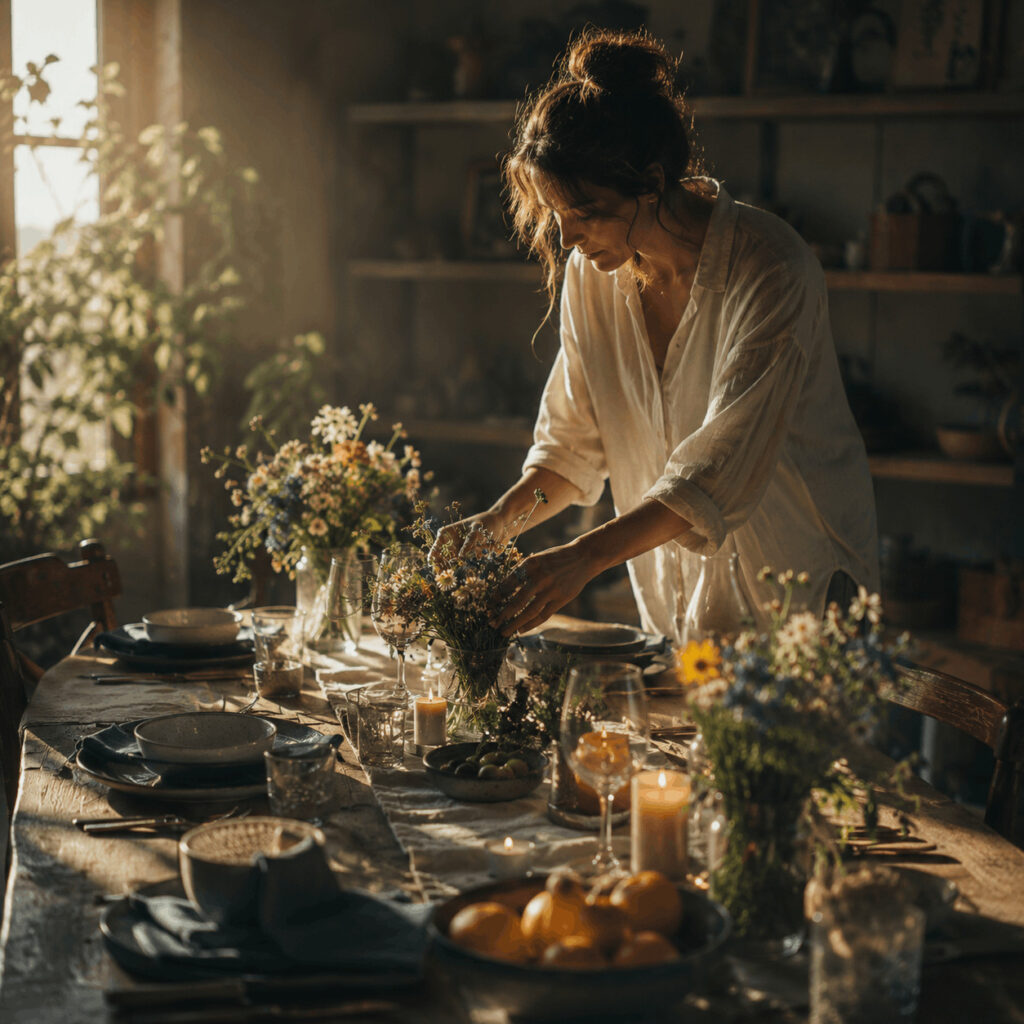 Woman arranging wildflowers and tableware on a warmly lit dining table, symbolising Life Path 3’s gift for bringing beauty, warmth and aliveness into ordinary shared spaces.