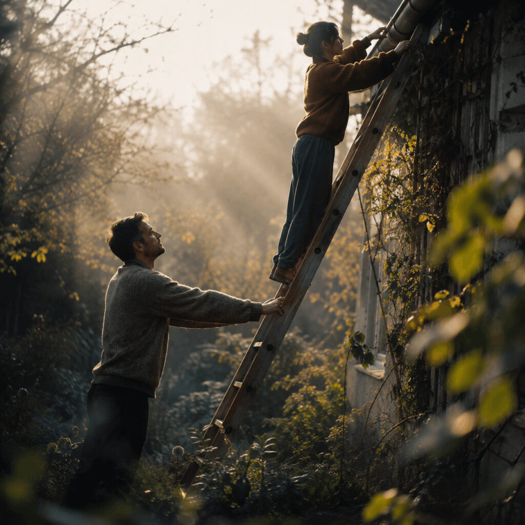 A man steadies a wooden ladder while his partner works above in a softly lit garden, symbolising Life Path 4 love as dependable support becoming tenderness and trust.