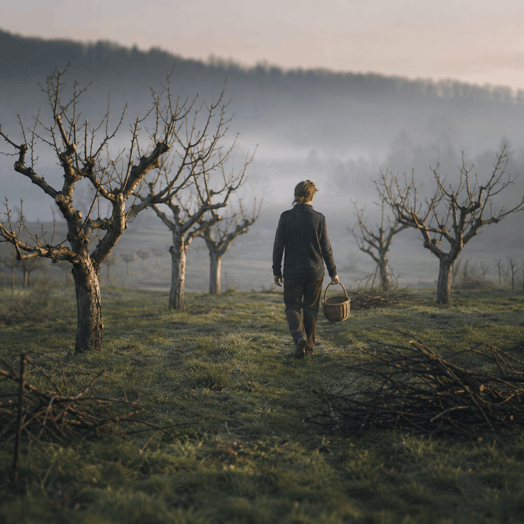 A person walks away through a misty orchard of four pruned trees carrying a small basket, symbolising Life Path 4 maturation through lasting care, restraint and release from endless strain.
