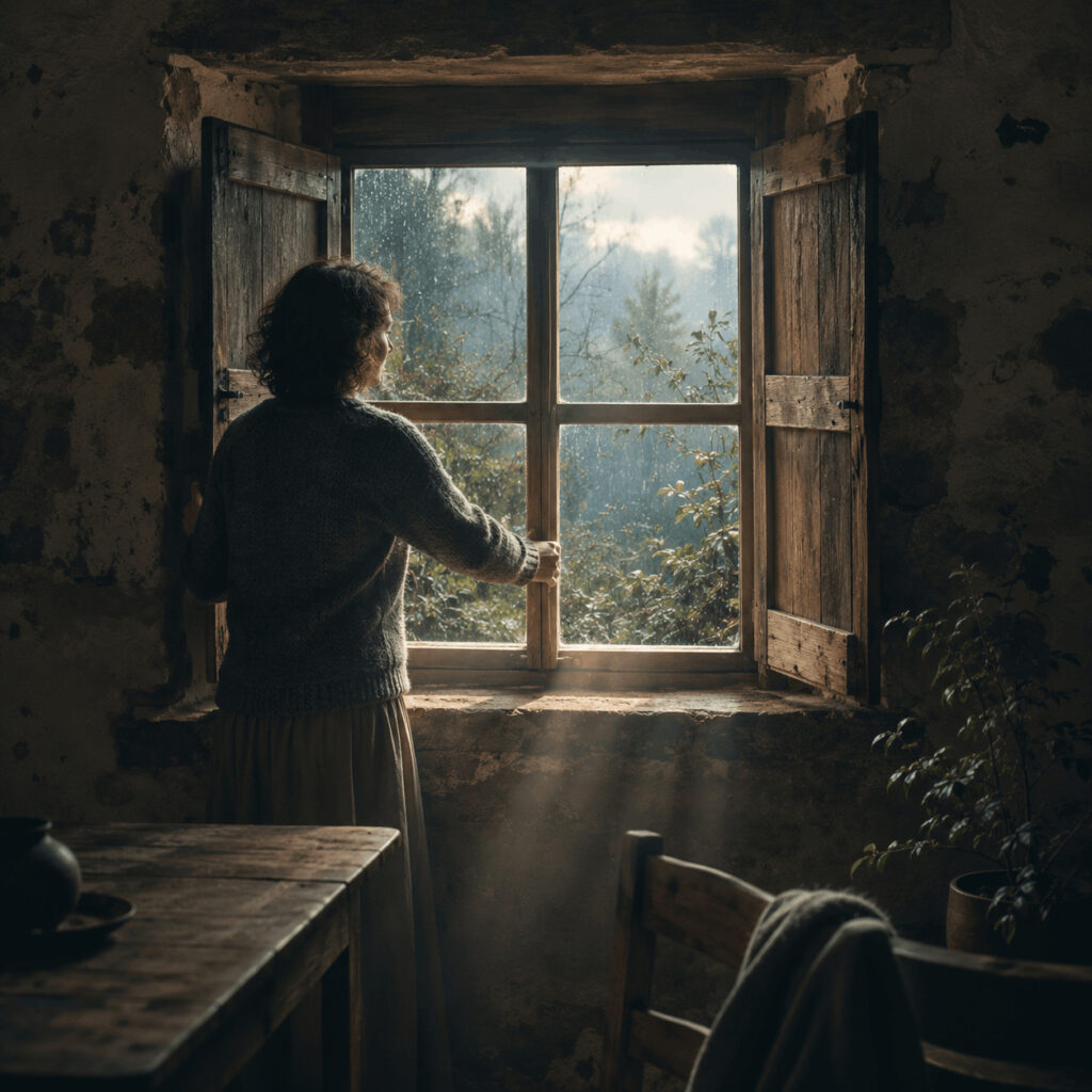 A person opens wooden shutters in an old stone house after rain, allowing light and fresh air into the room, symbolising Life Path 4’s movement from protective structure towards a strong, breathable life.