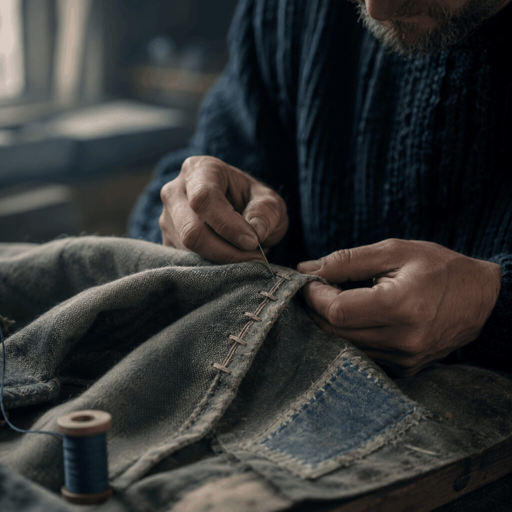 A craftsperson carefully hand-stitches a worn piece of fabric, symbolising Life Path 4 strengths of patience, precision, dependability and sustained care.