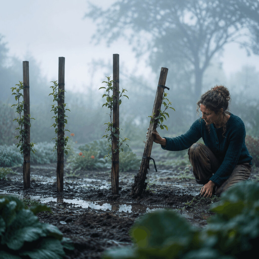A woman steadies one leaning support among four young trees in a misty garden, symbolising the Life Path 4 shadow of experiencing a small disruption as a threat to the whole structure.