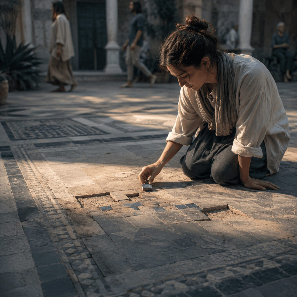 A woman places a new blue-green tile into an old courtyard mosaic, symbolising Life Path 5 returning from experience with something real to add to shared life.