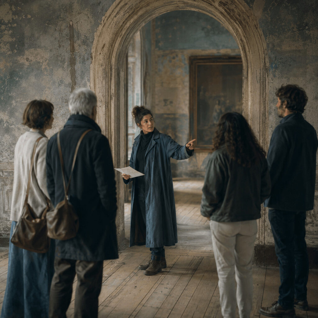 A museum guide redirects four visitors through an old building, symbolising the Life Path 5 gift for adapting quickly, communicating clearly and keeping others moving when plans change.