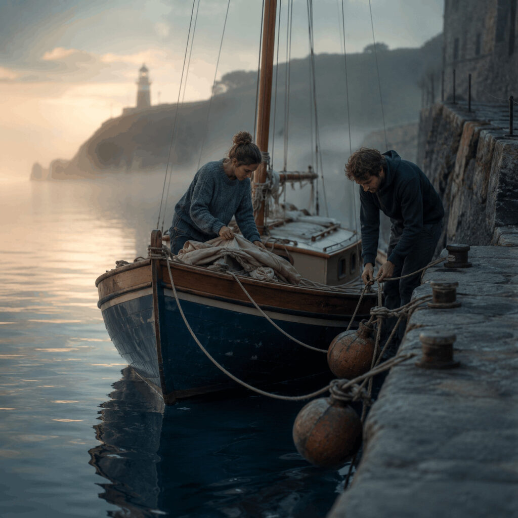 A couple secure a small sailing boat in a misty harbour at dawn, symbolising Life Path 5 love as a bond that offers stability without taking away freedom.