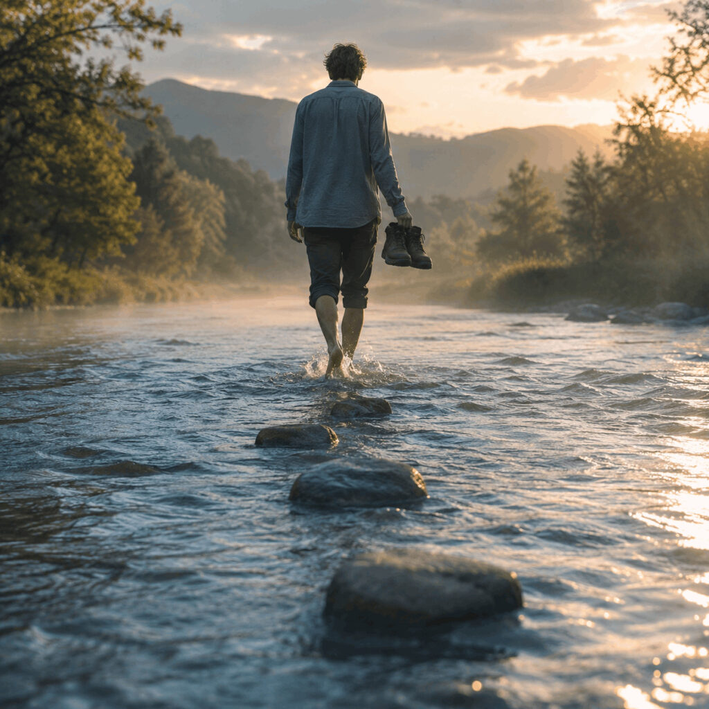 A barefoot traveller carries their boots while walking through a shallow river at sunrise, symbolising the Life Path 5 desire for movement, aliveness and direct contact with experience.