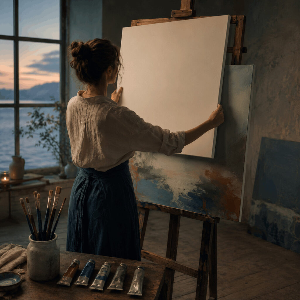 An artist places a blank canvas over a half-finished painting in a softly lit studio, symbolising the Life Path 5 impulse to seek a fresh beginning before facing the difficulty in what is already underway.