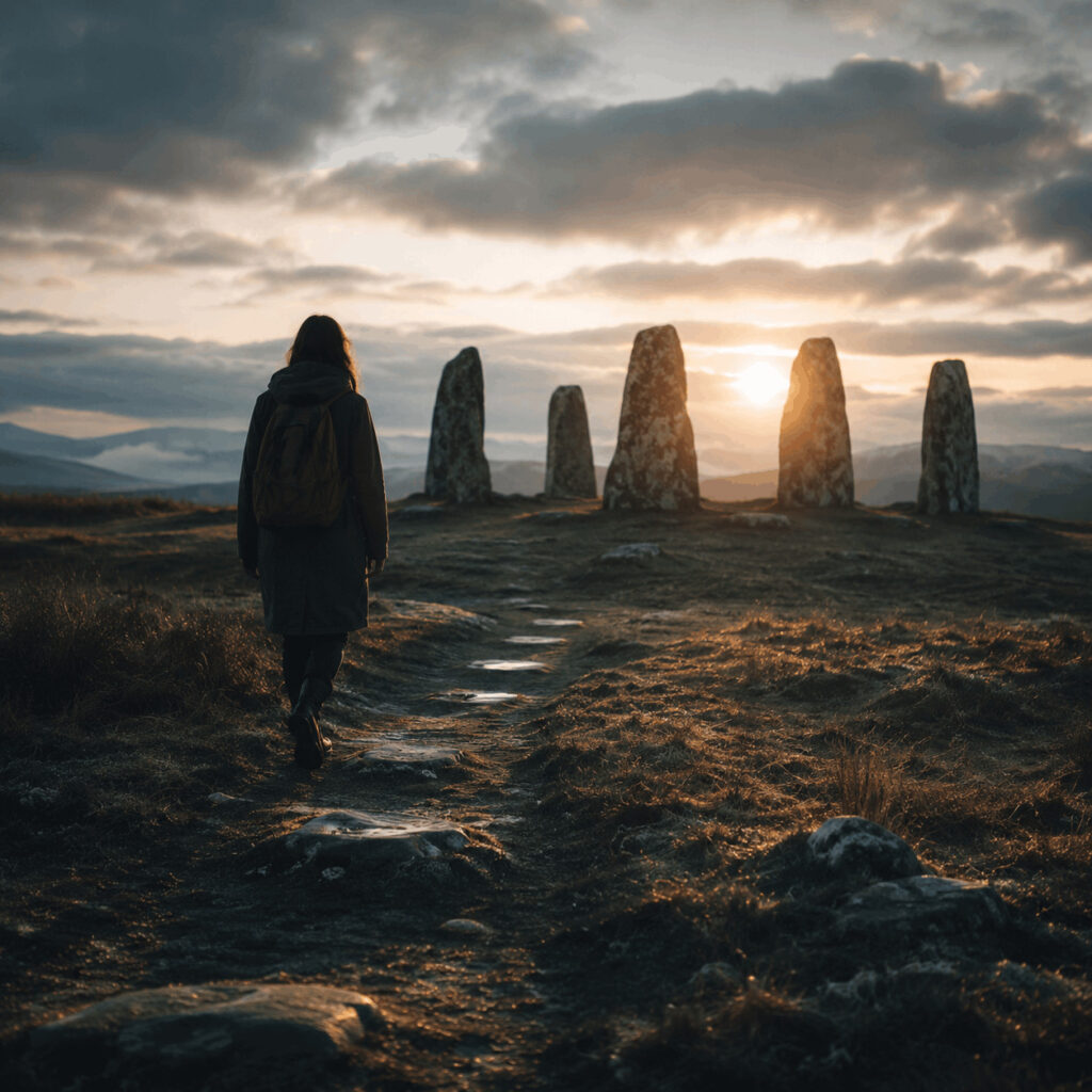 A lone pilgrim walks towards five ancient standing stones at sunrise, symbolising the Life Path 5 journey beyond familiar ground in search of direct spiritual encounter.