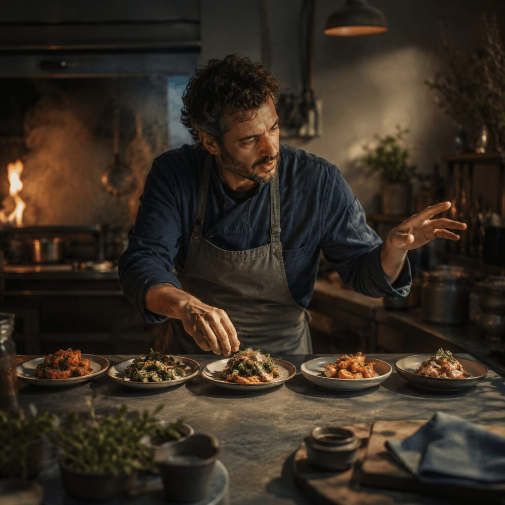 A chef directs a busy kitchen while finishing five different dishes, symbolising the Life Path 5 gift for adapting quickly and keeping a larger purpose moving when plans change.