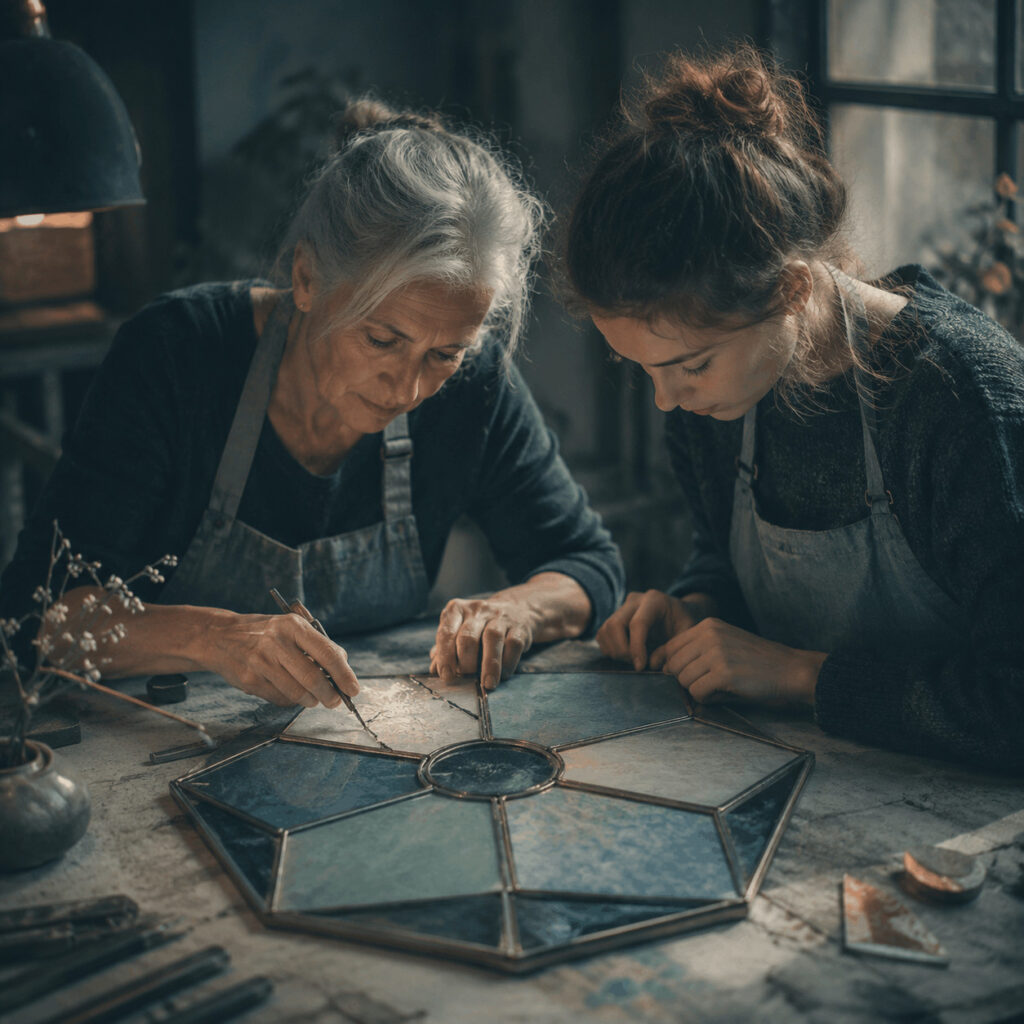 An older artisan guides a younger woman as they repair a six-part stained-glass panel, symbolising Life Path 6 strengths of care, guidance, beauty-making and restoration.