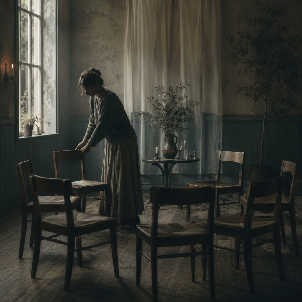 A woman arranges six chairs in a softly lit shared room, symbolising Life Path 6 work as creating spaces that feel cared for, welcoming and humane.