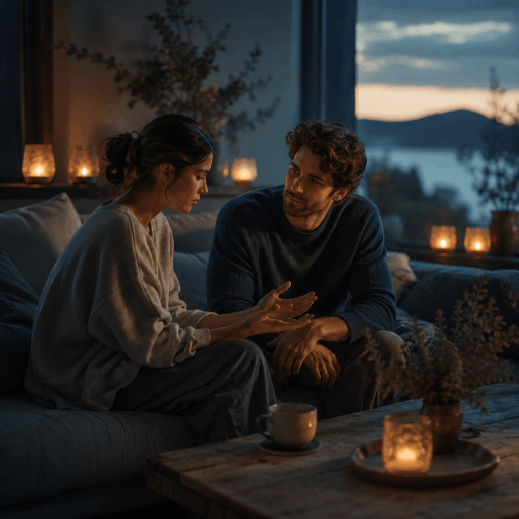 A couple sit together in a softly lit room as one speaks and the other listens attentively, symbolising Life Path 6 learning to offer presence and intimacy instead of immediately trying to fix the problem.
