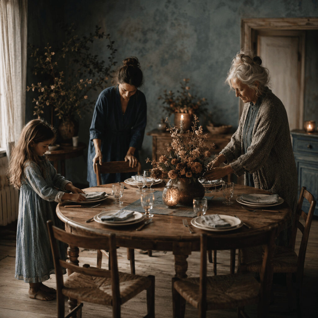 A child, an adult and an older woman prepare the same dining table together, symbolising how Life Path 6 expresses care, responsibility and belonging in different forms across the stages of life.