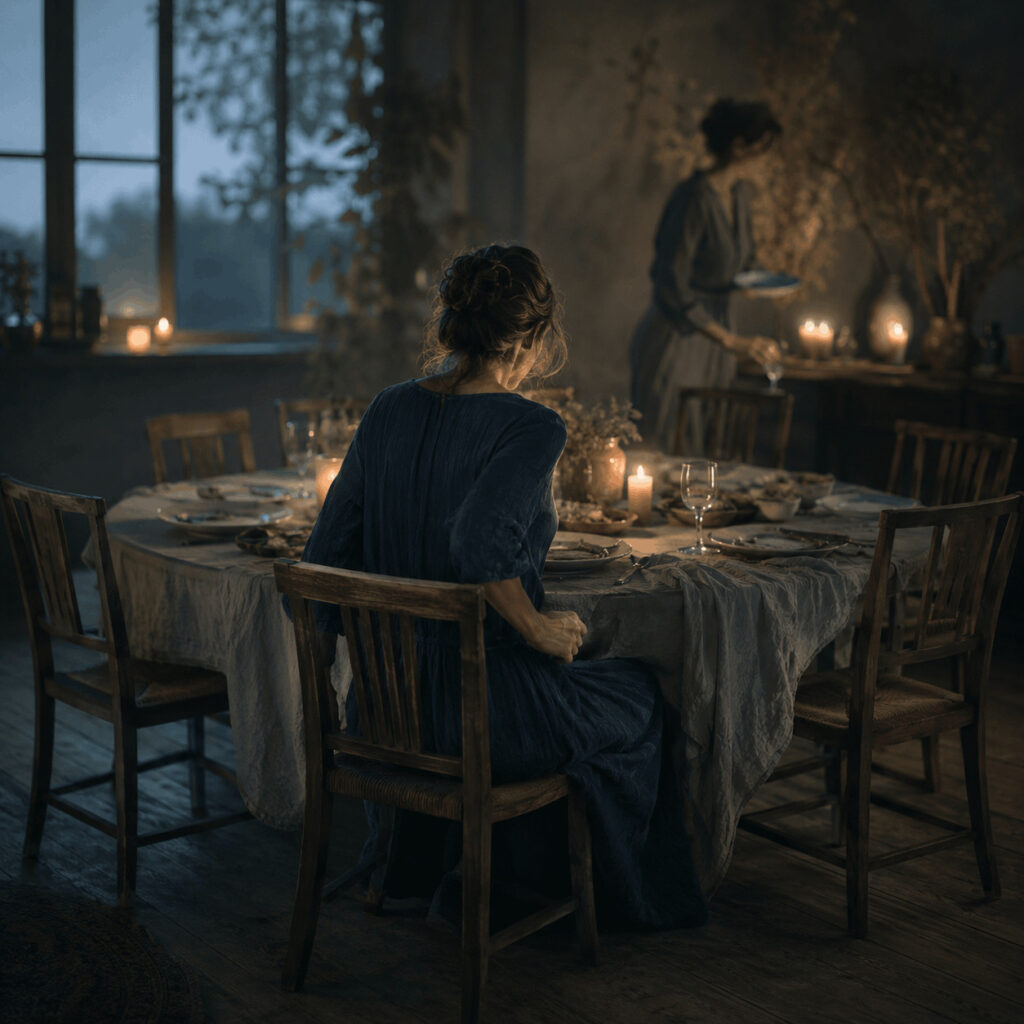 A woman sits down at a candlelit table while another person clears the meal, symbolising Life Path 6 learning to receive care and take her place within the life she helps sustain.