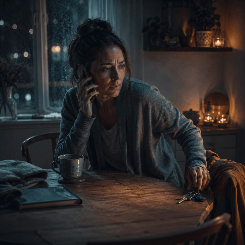 A woman listens to a late-night phone call while reaching for her keys, symbolising Life Path 6’s shadow tendency to move into help and responsibility before pausing to choose.
