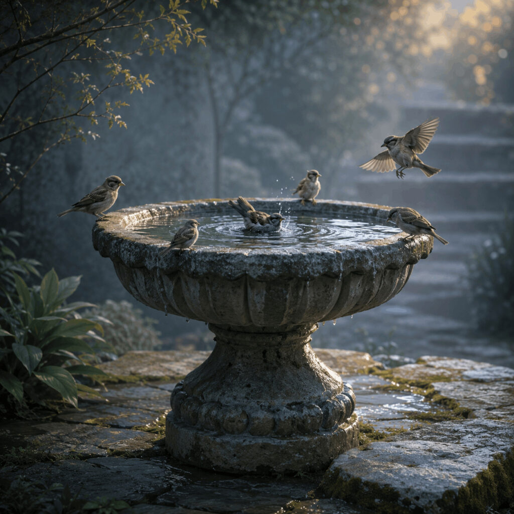 Six birds gather at a weathered garden fountain, symbolising Life Path 6 care as nourishment that supports life without trying to possess it.