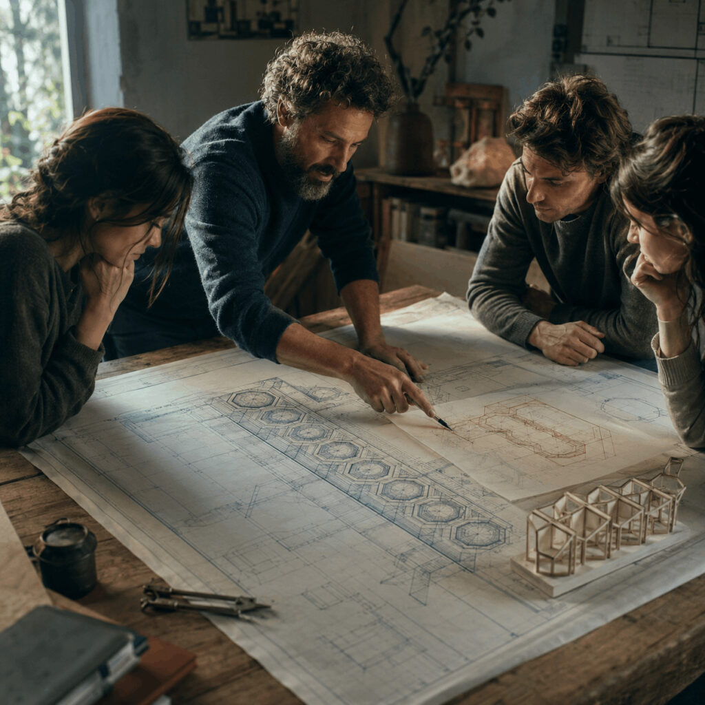 An engineer explains a complex blueprint to three colleagues gathered around a wooden table, symbolising Life Path 7 turning specialist knowledge into practical guidance.