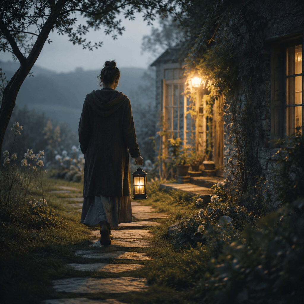 A woman carries a lit lantern along a garden path towards a warmly lit house, symbolising Life Path 7 bringing insight from solitude back into everyday life.