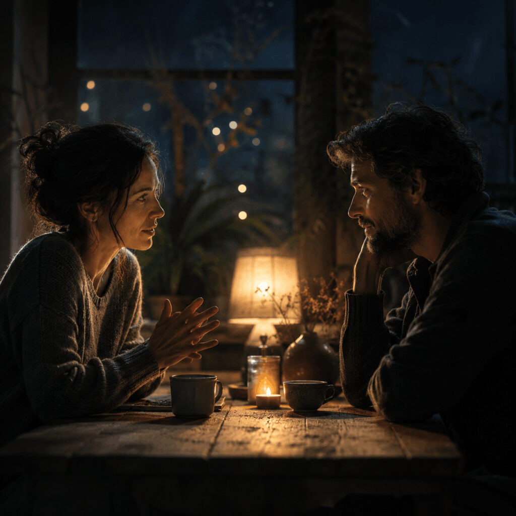 A woman speaks while her partner listens closely across a candlelit table, symbolising Life Path 7 learning to share feelings before they are fully understood.