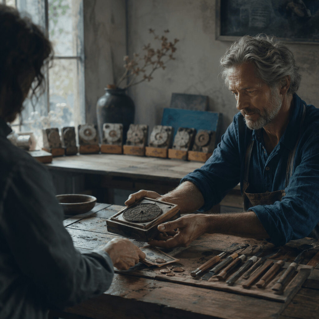 A craftsperson hands a finished specialist tool to a customer paying with cash, symbolising Life Path 7 turning private expertise into useful paid work.