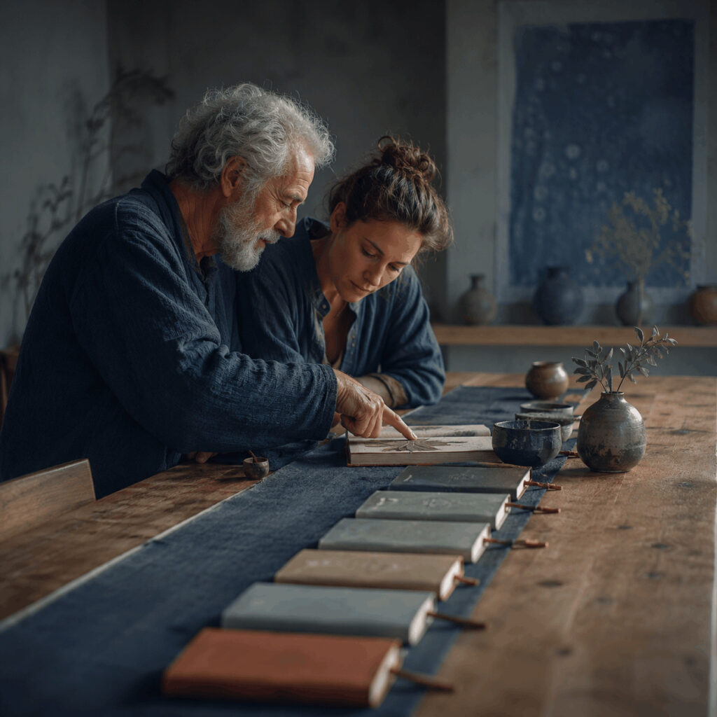 An older man guides a younger woman through an illustrated book at a wooden table, symbolising Life Path 7 passing on knowledge gained through experience.