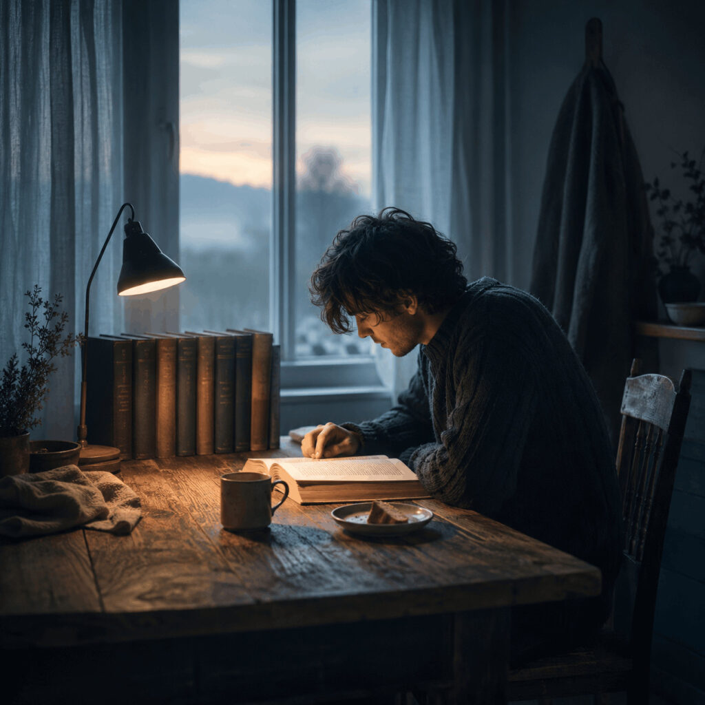 A man continues reading at a wooden table as dawn breaks, with untouched food and a cold drink beside him, symbolising the Life Path 7 shadow of searching for answers while ordinary life is neglected.