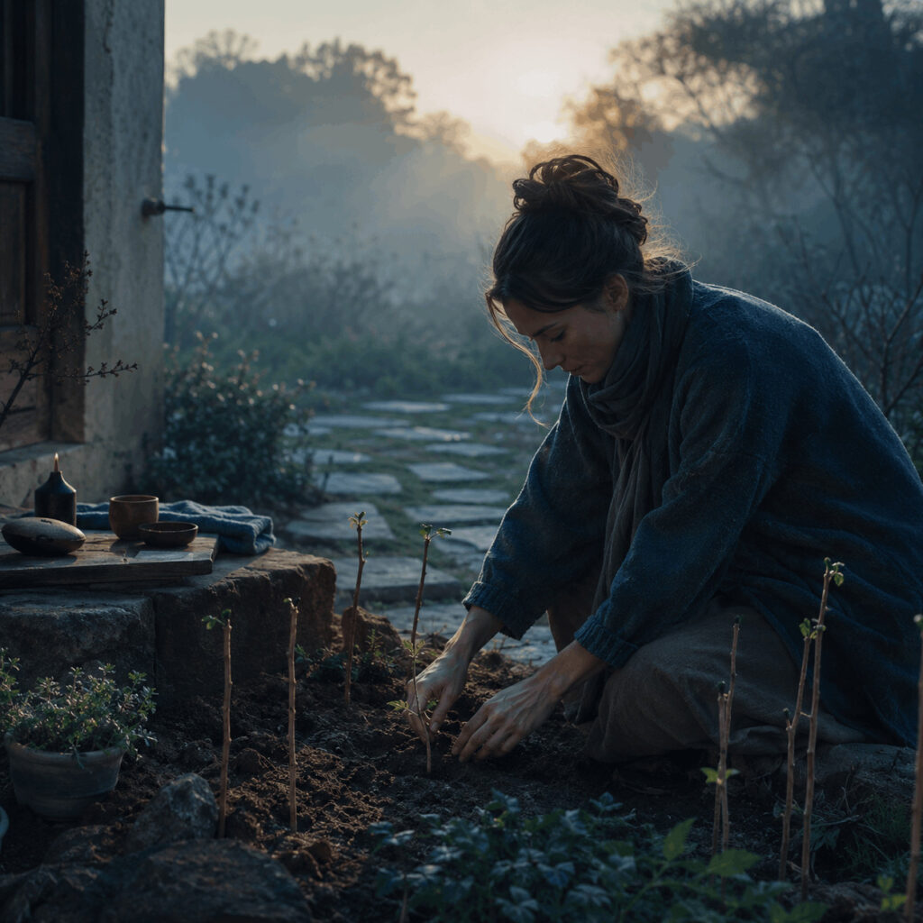 A woman tends young plants in a misty garden after a quiet ritual, symbolising Life Path 7 turning spiritual insight into practical care.