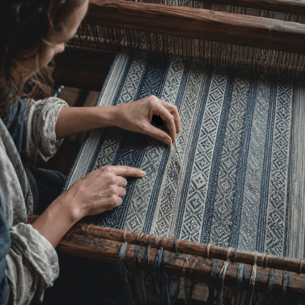 A weaver inspects a disrupted thread in a geometric textile, symbolising Life Path 7’s patience, discernment and pattern recognition.