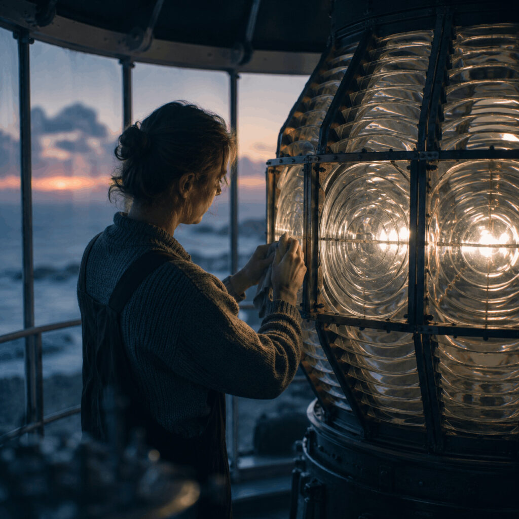A lighthouse keeper tending a glowing Fresnel lens above a misty sea, symbolising Life Path 8 directing power with responsibility so it can guide and protect others.