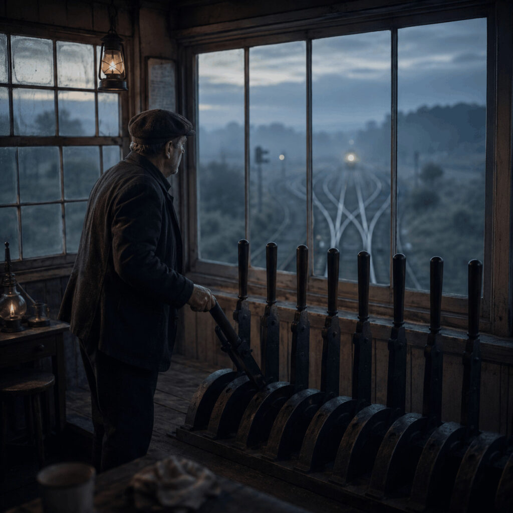 A railway signal keeper operating one of eight levers while watching a train approach through mist, symbolising Life Path 8 using judgement, responsibility and quiet authority to guide real outcomes.
