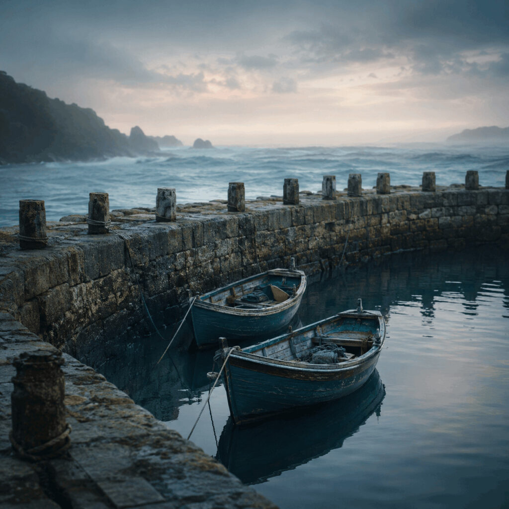 Two small boats resting together behind a stone breakwater while rough seas move beyond, symbolising Life Path 8 creating loyalty, protection and stability in love without losing individuality.
